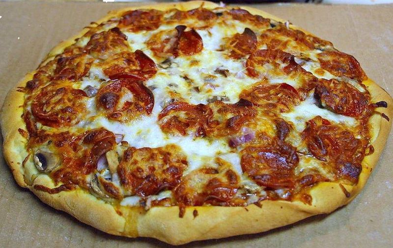 A homemade pepperoni pizza.