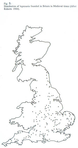 Distribution of leprosaria, leprosy hospitals, founded in medieval Britain.