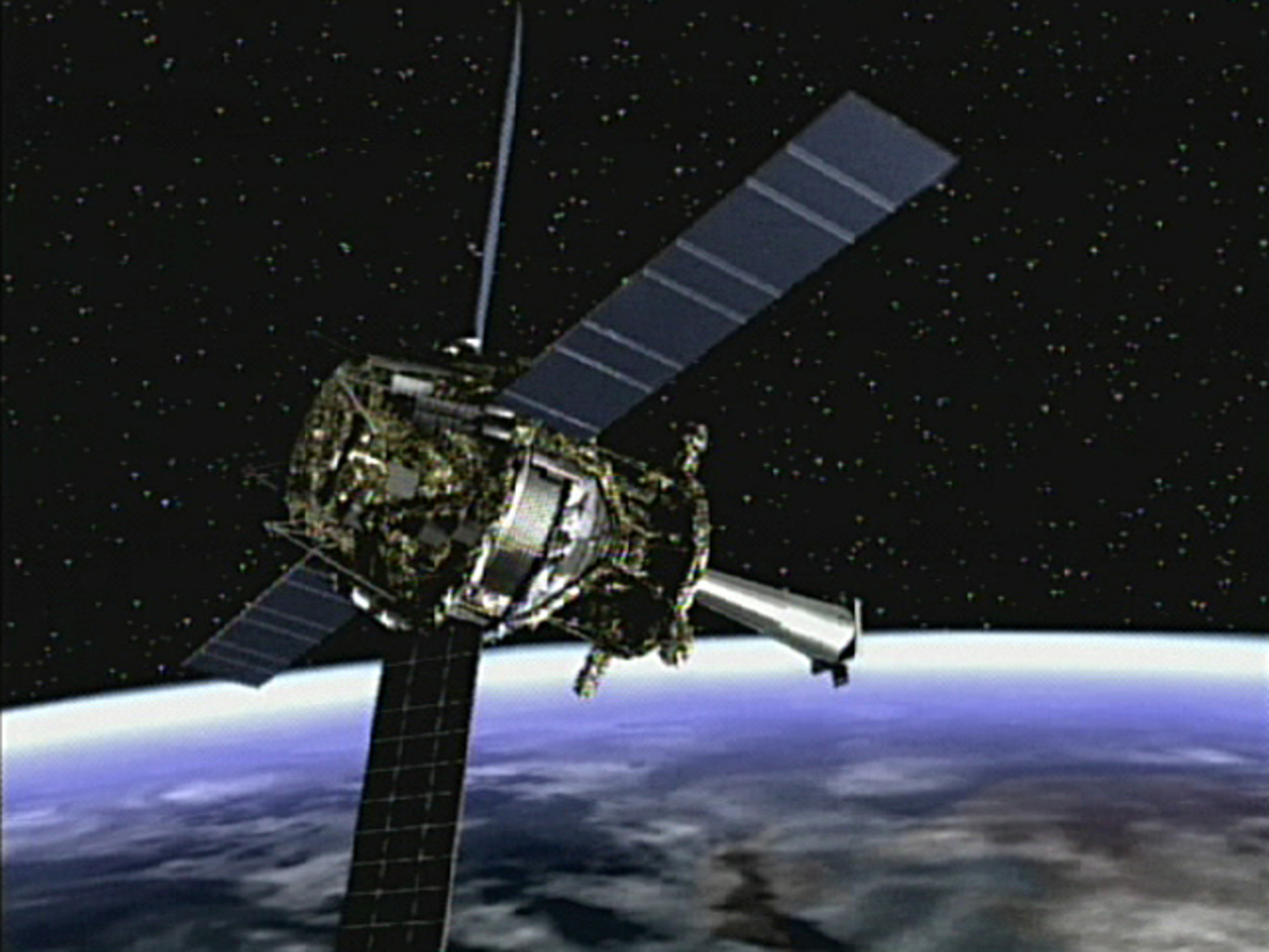 Artist concept of Gravity Probe B spacecraft in orbit around the Earth.