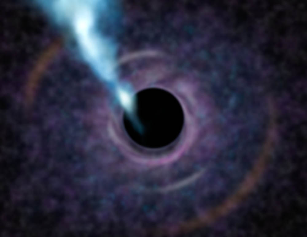  Artist's concept of what a future telescope might see in looking at the black hole at the heart of the galaxy M87. Clumpy gas swirls around the black hole in an accretion disk, feeding the central beast. The black area at center is the black hole...