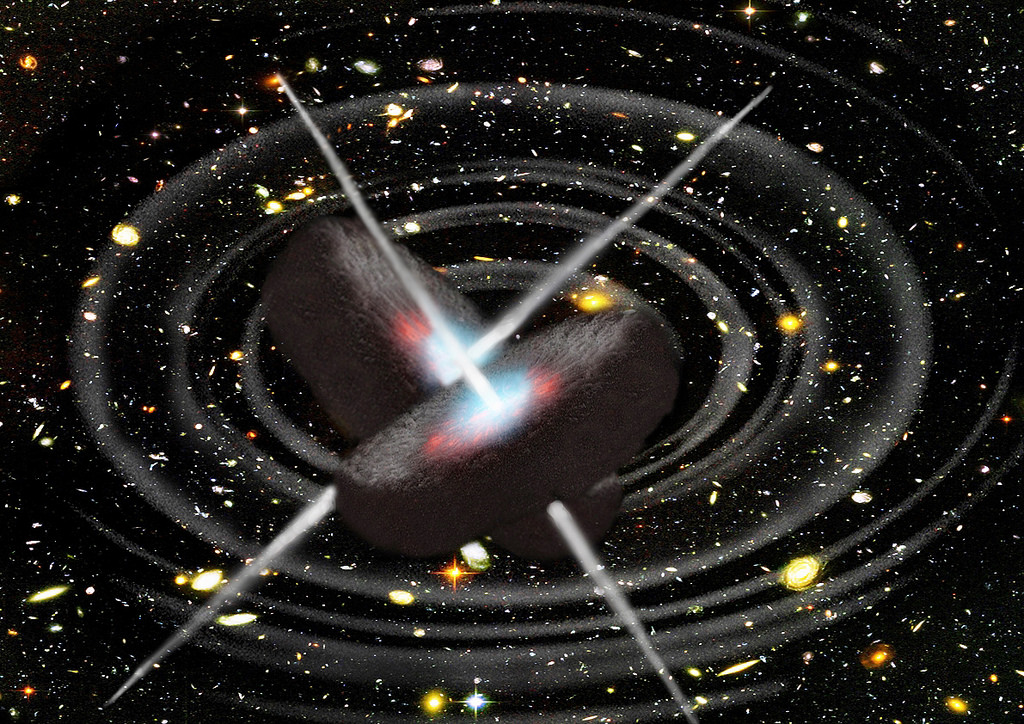 An artistic impression of colliding black holes and the resulting gravitational waves, which were predicted by Einstein's Theory of General Relativity.