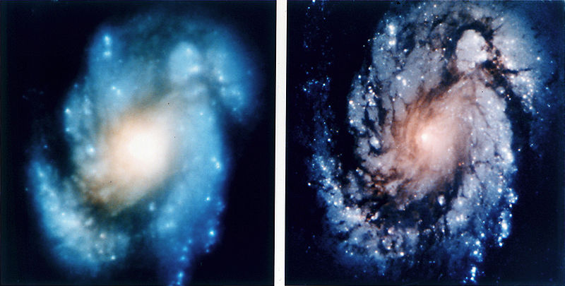 Images of the spiral galaxy M100 demonstrate the improvement in Hubble images after corrective optics were installed during Servicing Mission 1 in 1993.