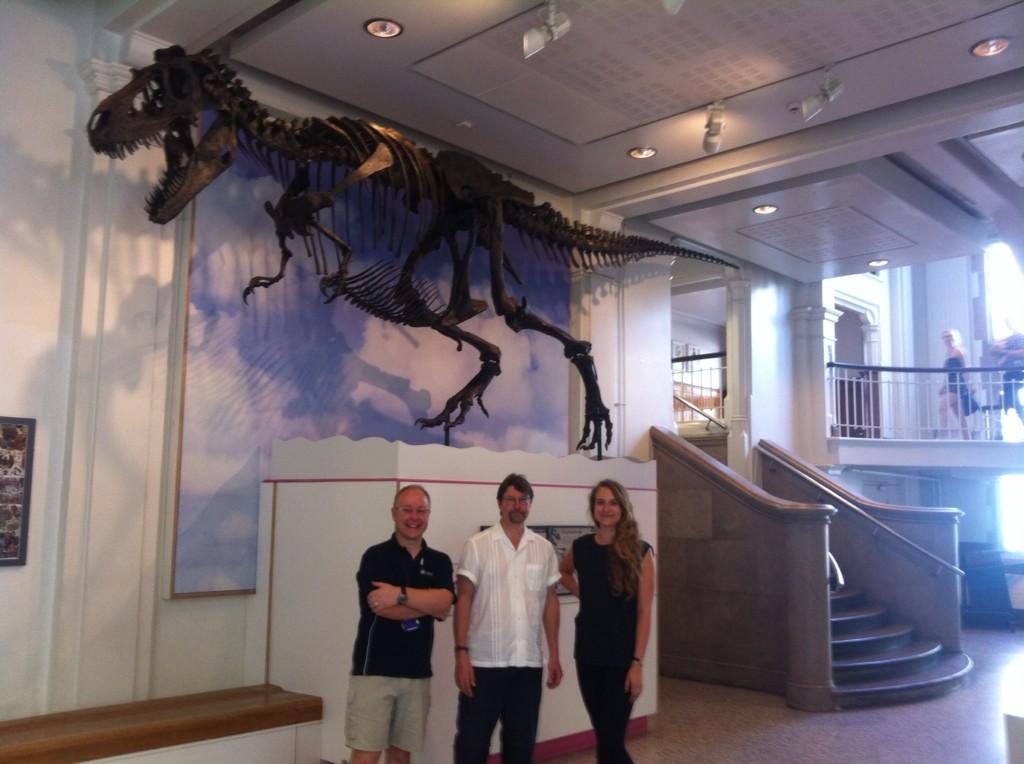 Roy, Phil and Graihagh under Gorgosaurus dinosaur
