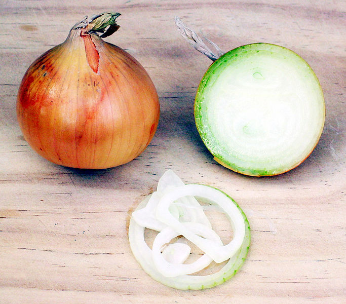 One whole and one cut onion (showing onion rings).