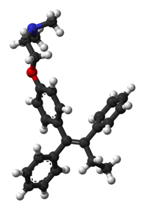 Ball-and-stick model of the tamoxifen molecule, as found in the solid state.