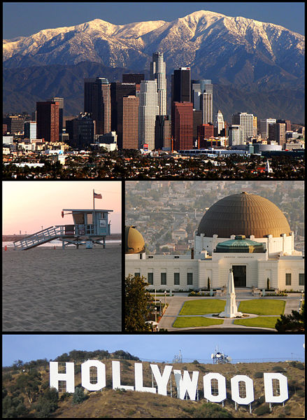 Montage of Los Angeles pictures on Commons: Top - Los Angeles Skyline by Nserrano Middle Left - Venice Beach by Adrian104 Middle right - Griffith observatory Matthew Field Bottom - Hollywood sign by Oreos