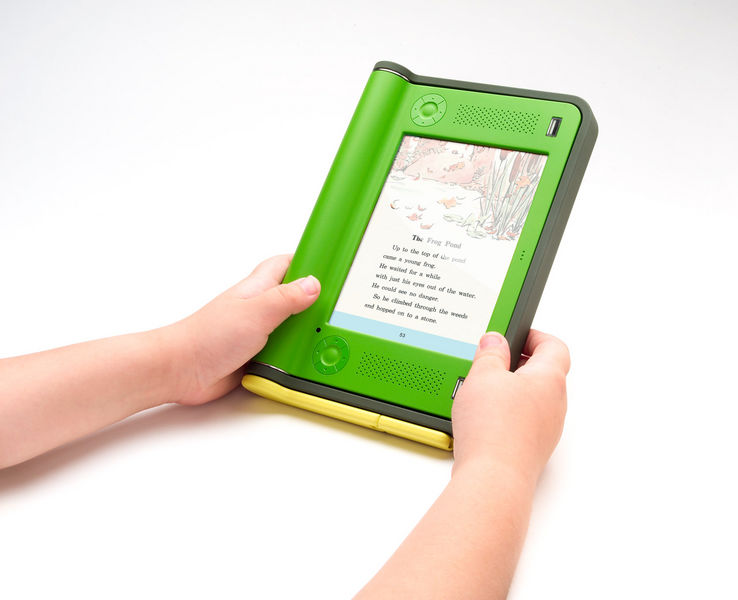 A user viewing an electronic page on an eBook-reading device - a $100 Laptop prototype
