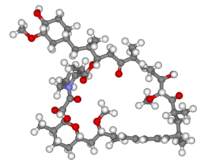 Ball-and-stick model of sirolimus (rapamycin).