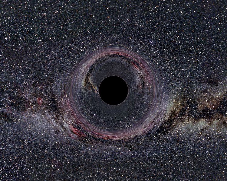 A simulated Black Hole of ten solar masses as seen from a distance of 600km with the Milky Way in the background (horizontal camera opening angle: 90°)