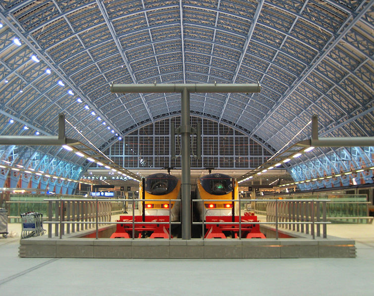 Eurostar trains in the renovated St Pancras Station, London.
