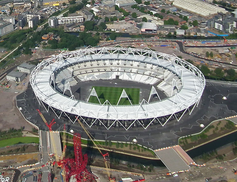 June 2011 - Aerial photo of the Olympic Park main stadium and Orbit tower under construction
