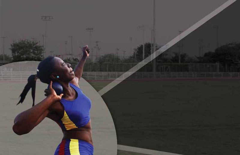 A shot putter with a representation of the circle and legal sector