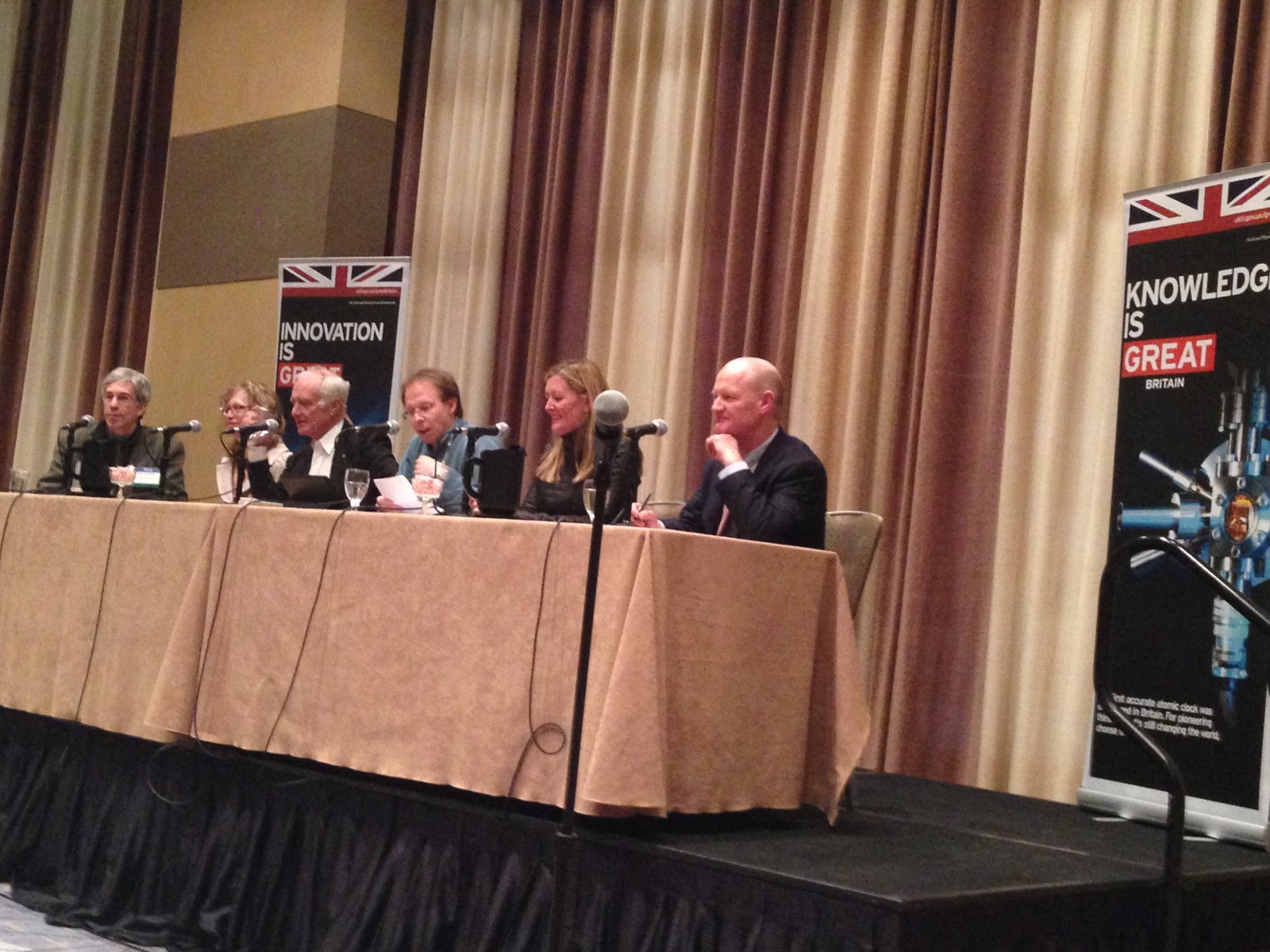 IgNobel founder Marc Abrahams, Wisconsin-Madison scientists Molly Jahn, ABC Science Show's Robyn Williams, Naked Scientist Chris Smith, MIT's Kathleen Kennedy and UK science minister David Willetts at the AAAS, 2014.