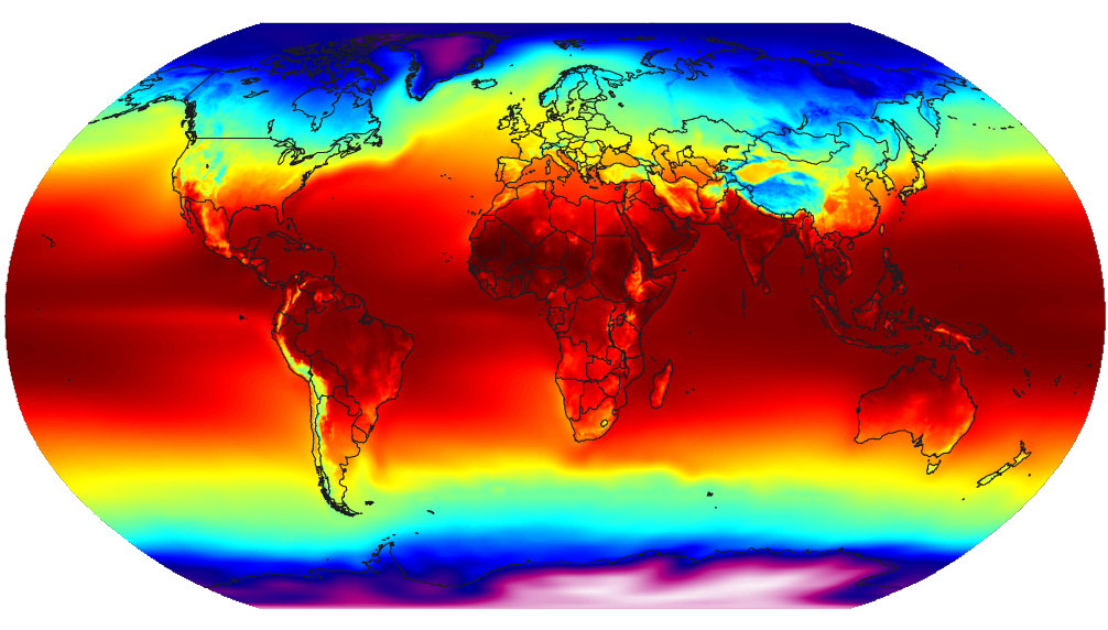 A global map of the annually-averaged near-surface air temperature from 1961-1990.