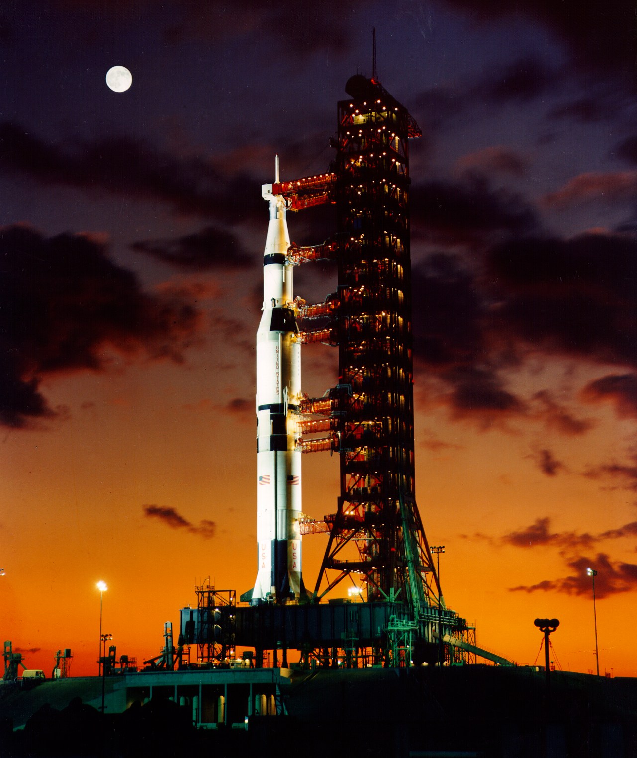 Early morning view on November 9, 1967 of Pad A, Launch Complex 39, Kennedy Space Center, showing Apollo 4 Saturn V (Spacecraft 017/Saturn 501) prior to launch later that day. This was the first launch of the Saturn V.