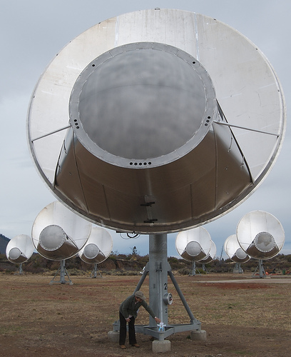  Closeup front view of one antenna of the Allan Telescope Array, a radio telescope for combined radio astronomy and SETI (Search for Extraterrestrial Intelligence) research being built by the University of California at Berkeley, outside San...