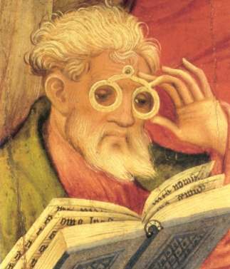 The 'Glasses Apostle' in the altarpiece of the church of Bad Wildungen (Germany). Painted by Conrad von Soest in 1403, the 'Glasses Apostle' is considered the oldest depiction of eyeglasses north of the Alpes.