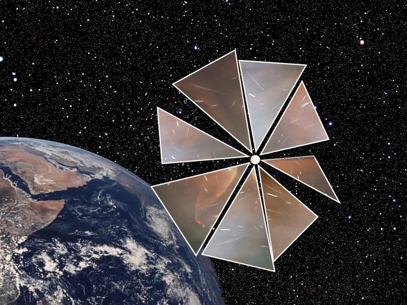 This is a imagining of Cosmos 1, The Planetary Society's experimental solar sail mission, orbiting around the Earth.