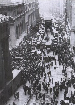 A solemn crowd gathers outside the Stock Exchange after the crash. 1929.
