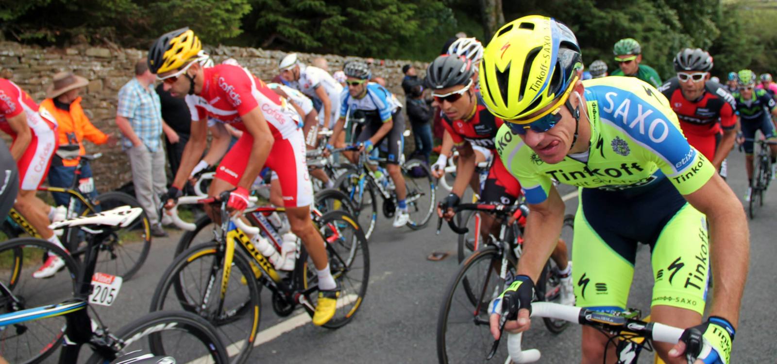 Cyclists make their way up the Cote de Buttertubs in Yorkshire for the Tour de France