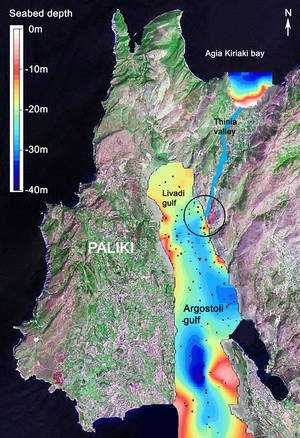 Depth of bedrock beneath the Argostoli Gulf.