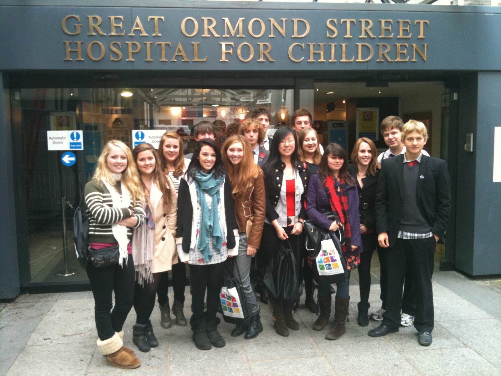 Students from Furze Platt Senior School outside Great Ormond Street Hospital during National Pathology Week 2010