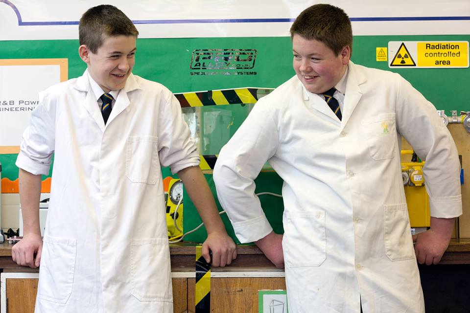 Jamie Edwards (left) and George Barker (right) at Penwortham Priory Academy, Preston, after Jamie became the youngest person yet to achieve nuclear fusion.