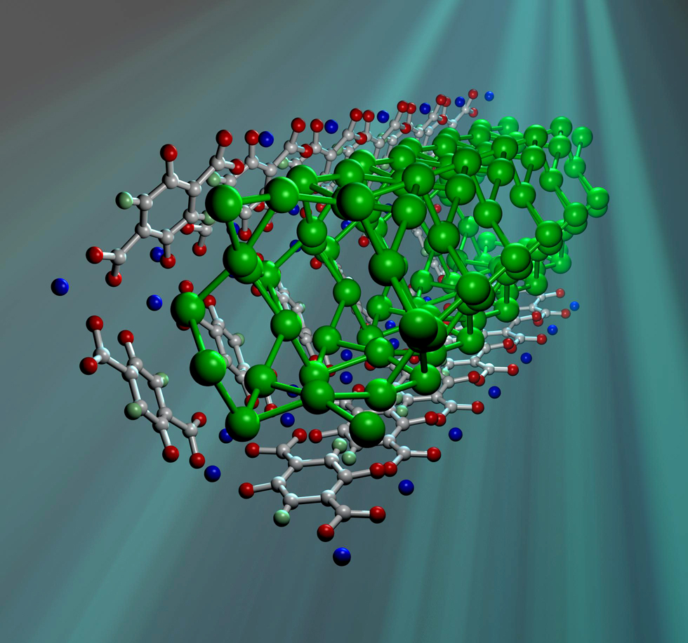  MOF-74 resembles a series of tightly packed straws comprised mostly of carbon atoms (white balls) with columns of zinc ions (blue balls) running down the walls. Heavy hydrogen molecules (green balls) adsorbed in MOF-74 pack into the tubes more...
