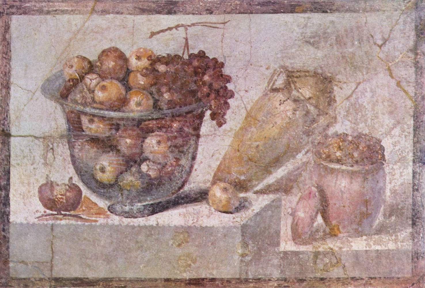 Roman painting. Second Pompeian Style, from the House of Julia Felix in Pompeii. Depicts a bowl of fruit and vases.