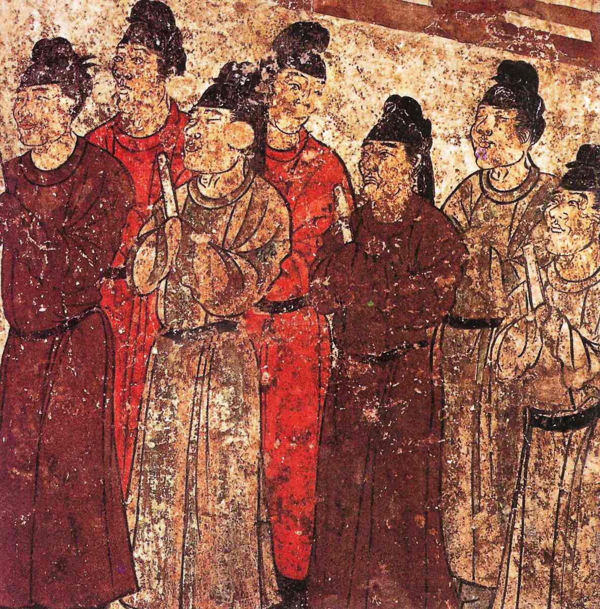 A group of eunuchs. Mural from the tomb of the prince Zhanghuai, 706 AD