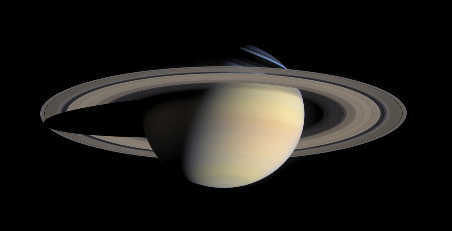 Natural color view of Saturn, composed from a series of pictures taken by the Cassini spacecraft.