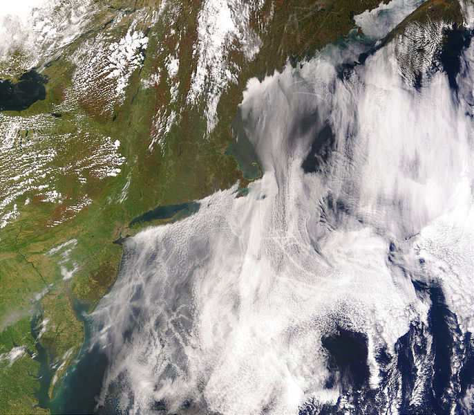 Satellite image of ship tracks, clouds created by the exhaust of ship smokestacks.