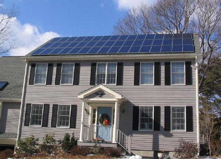 Photovoltaic solar panels on the roof of a house near Boston Massachusetts