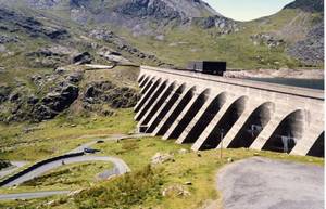 The upper reservoir (Llyn Stwlan) and dam of the Ffestiniog Pumped Storage Scheme in north Wales.