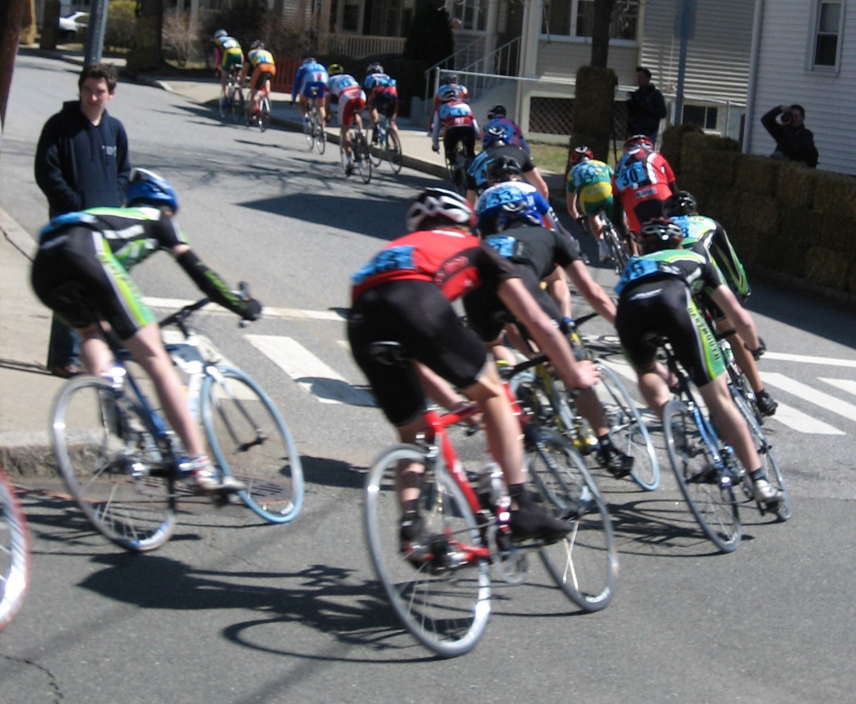 Photo of a criterium road bicycle race.