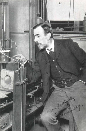 William Ramsay, working on his lab.