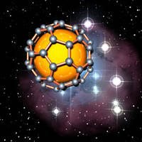 This fantasy image shows a fullerene, a spherical, football-like structure comprised of 60 carbon atoms. Sir Harry Kroto won the Nobel Prize in 1996 for their discovery, opening up an entire new branch of chemistry. (Image courtesy of Chris Ewels - www.ewels.info).