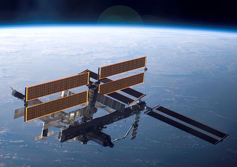 The International Space Station (ISS) in orbit, photographed from the attending space shuttle Discovery
