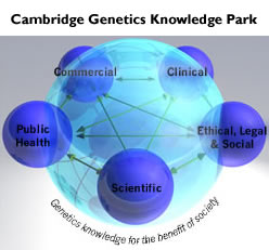 The Five sectors of genetics knowledge: Clinical; Commercial; Ethical, Legal and Social; Scientific; and Public Health are brought together within the Cambridge Genetics Knowledge Park for the benefit of society