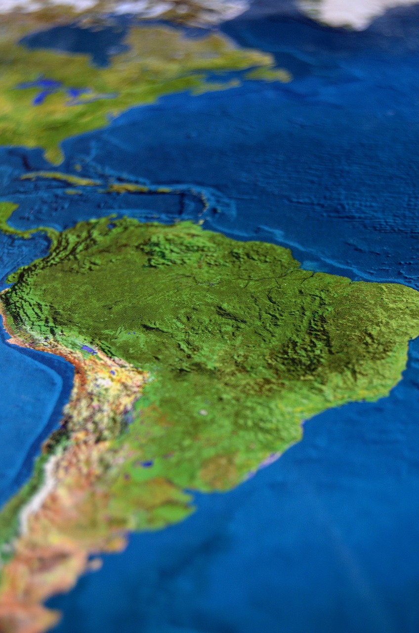 An overhead map of South America.