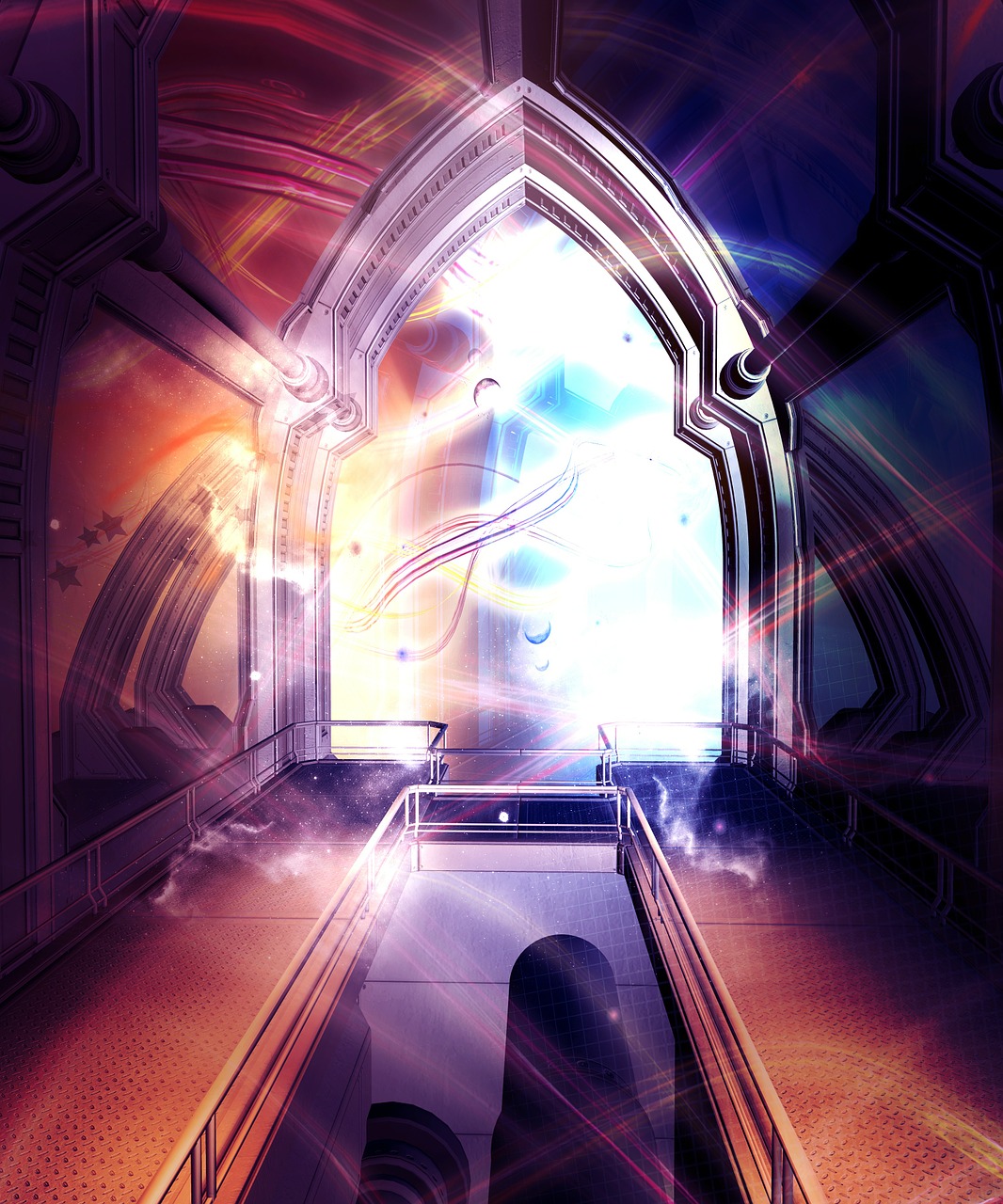 A gothic archway with light and swirling colours pouring through.