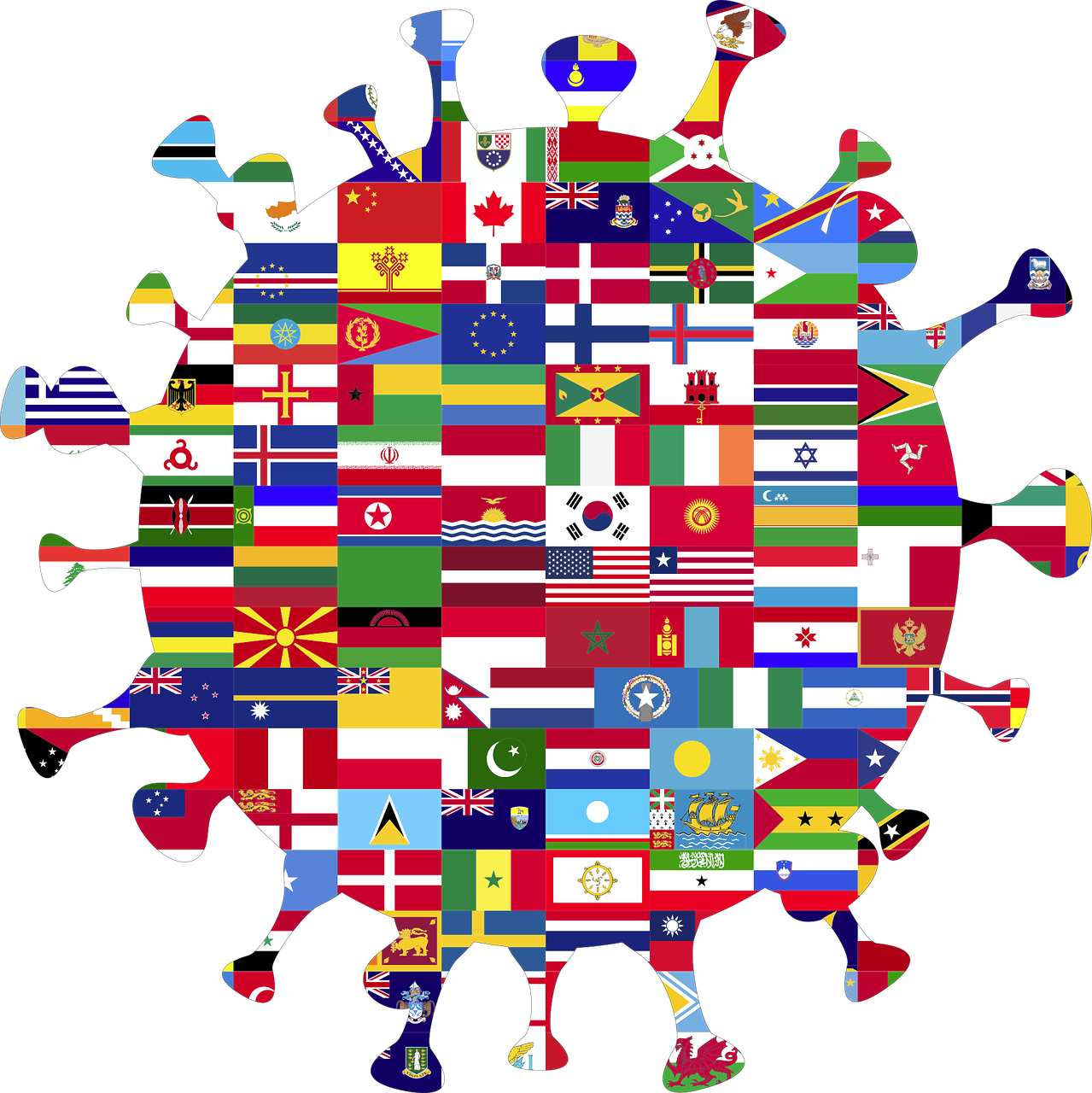 Coronavirus particle drawn using flags from around the world