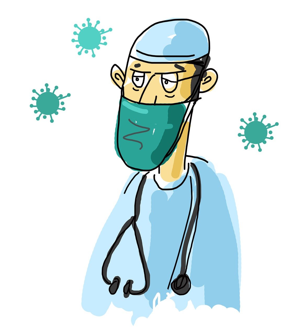 A doctor in a face mask surrounded by viral particles