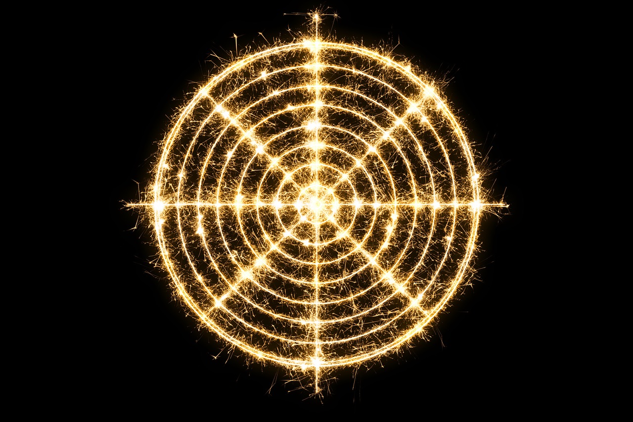 A stylised radar detection screen, a series of concentric circles split into eight sections