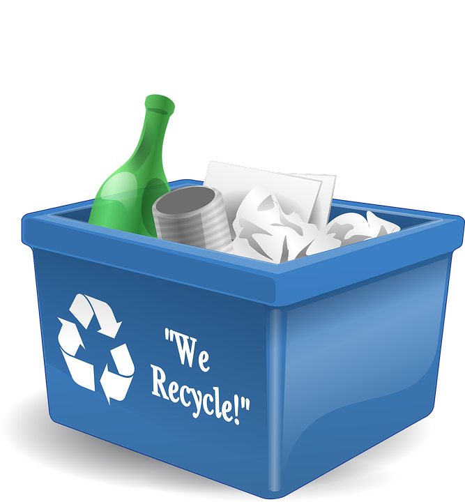 A cartoon of a recycling bin.