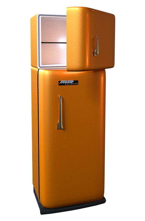 Orange freezer-fridge with the upper freezer door half open