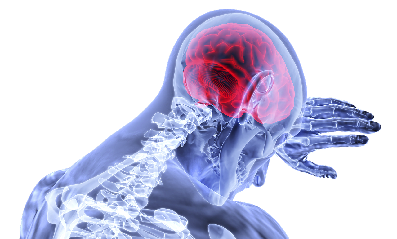 A X-ray image of figure clutching their head, with their brain glowing in red.