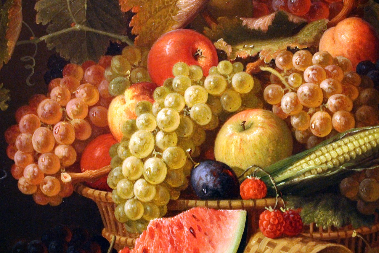 A still life oil painting of a basket overflowing with fruit.