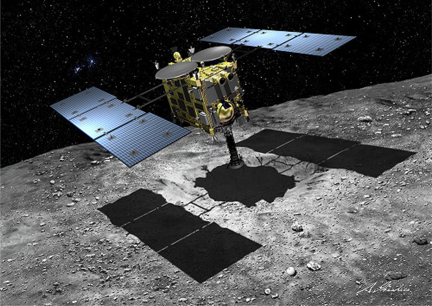 An artist's impression of Hayabusa2 over an asteroid