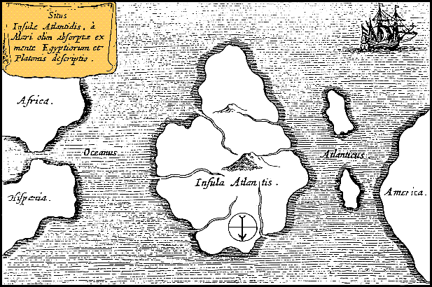 Athanasius Kircher's map of Atlantis, placing it in the middle of the Atlantic Ocean, from Mundus Subterraneus 1669, published in Amsterdam. The map is oriented with south at the top.